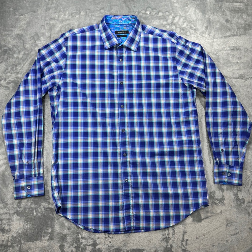 Bugatchi Mens Classic Fit Plaid Button Down Shirt Blue Purple Cotton CS8041L14